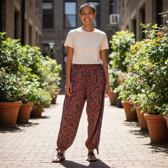 Haute Hippie Harem Pants Wide Leg Boho Elastic Waist Tie Cuff Size Large Pink Br - Picture 9 of 9